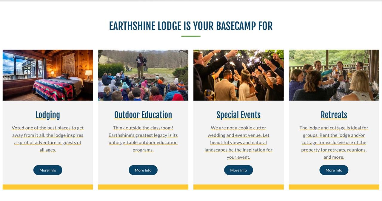 Overview of Earthshine Lodge's offerings, including lodging, outdoor education, special events, and retreats, with images and descriptions