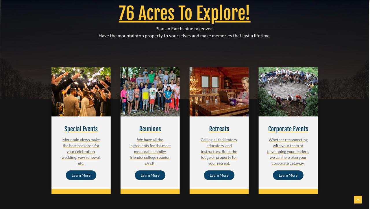 Earthshine Lodge offers 76 acres for special events, reunions, retreats, and corporate gatherings with scenic mountain views.