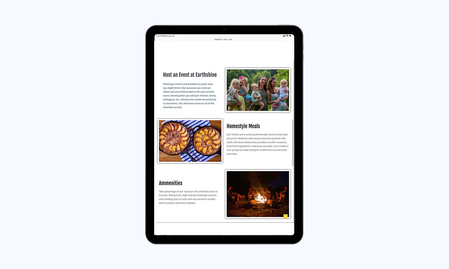 Tablet view of the event hosting page for a North Carolina lodge