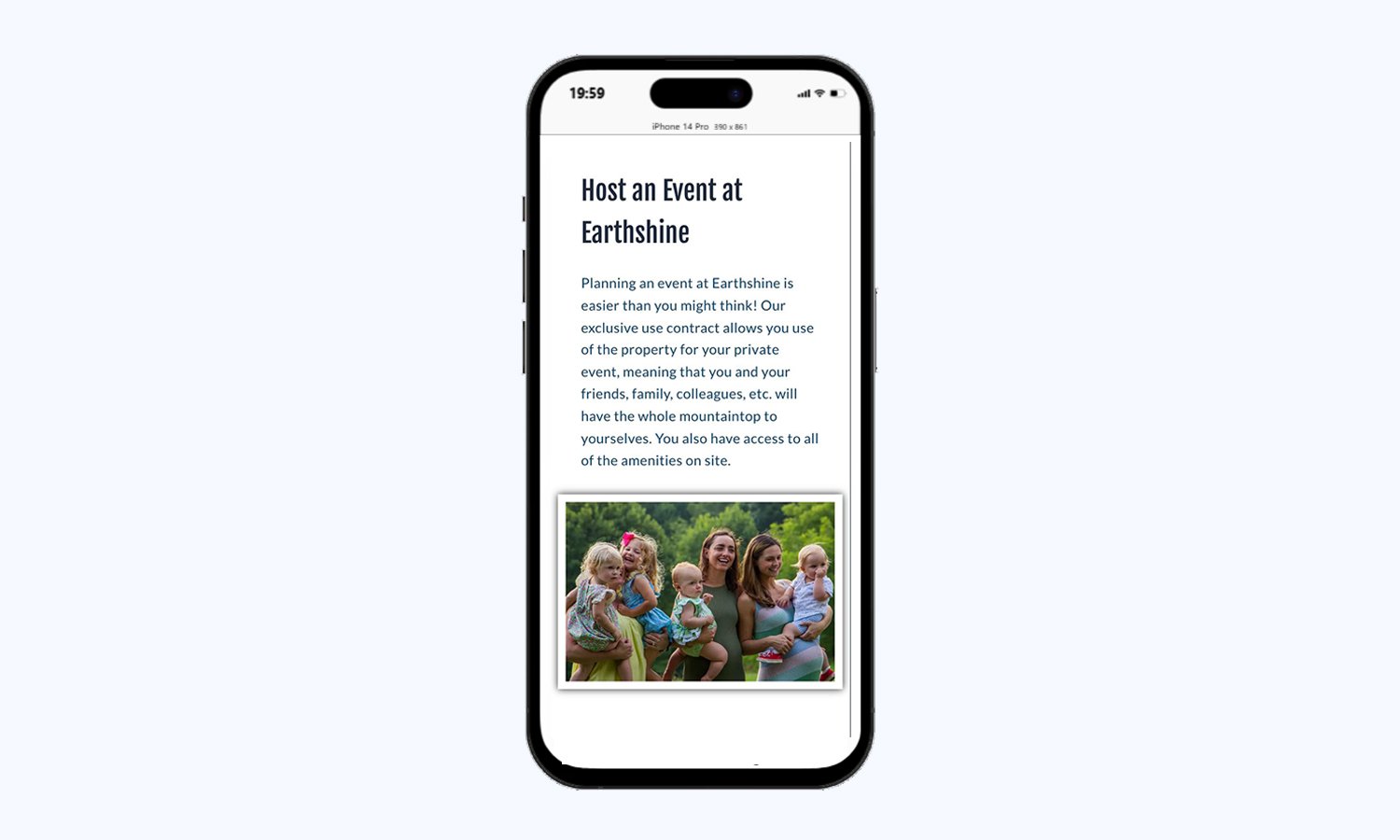 Mobile view of the event hosting page for a North Carolina lodge, displaying event details and a family photo