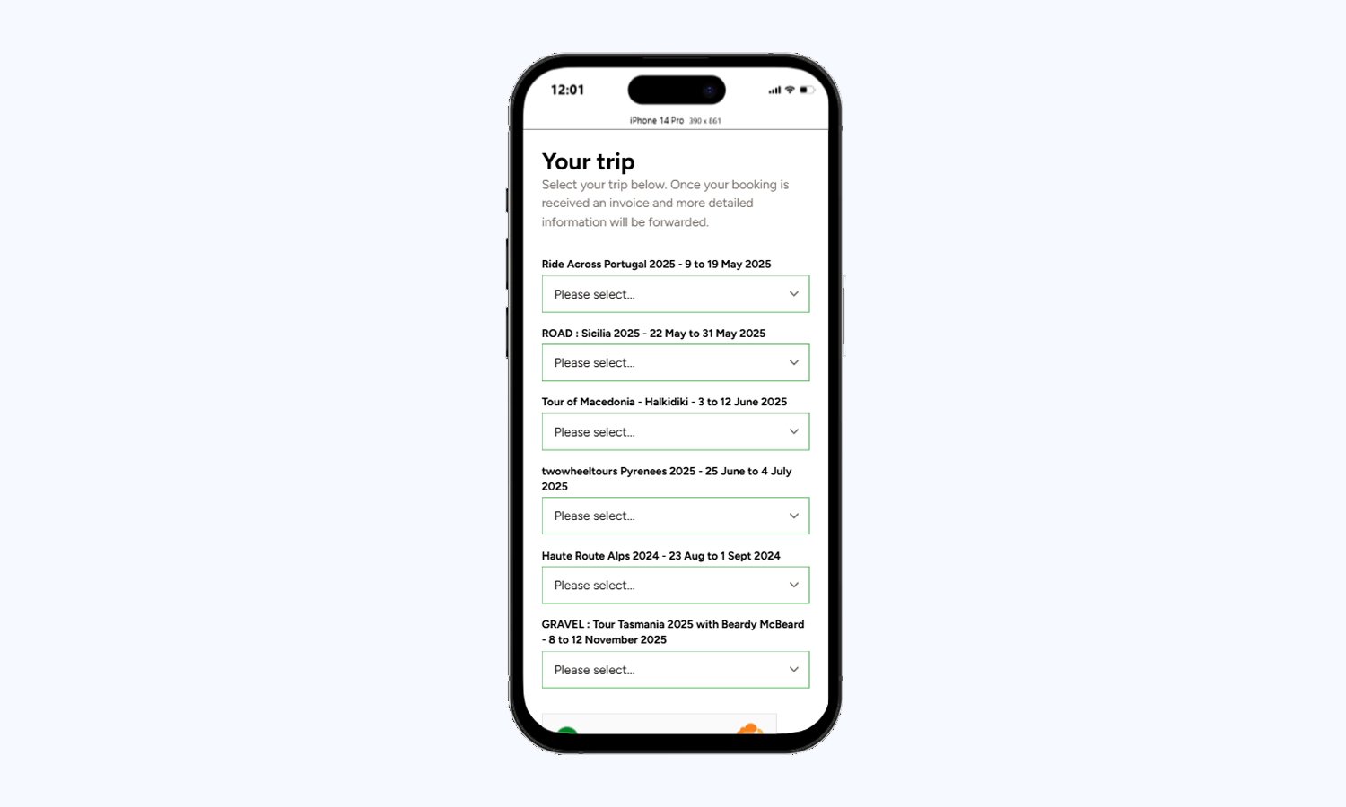 Revamped booking process design for a cycling tour client