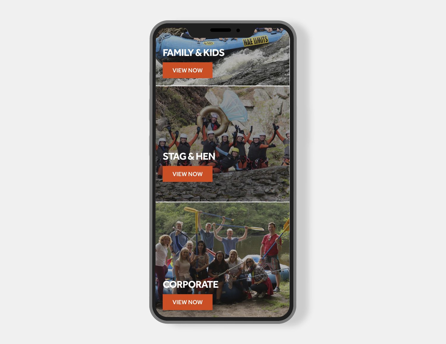 Adventure Booking Categories - Mobile View