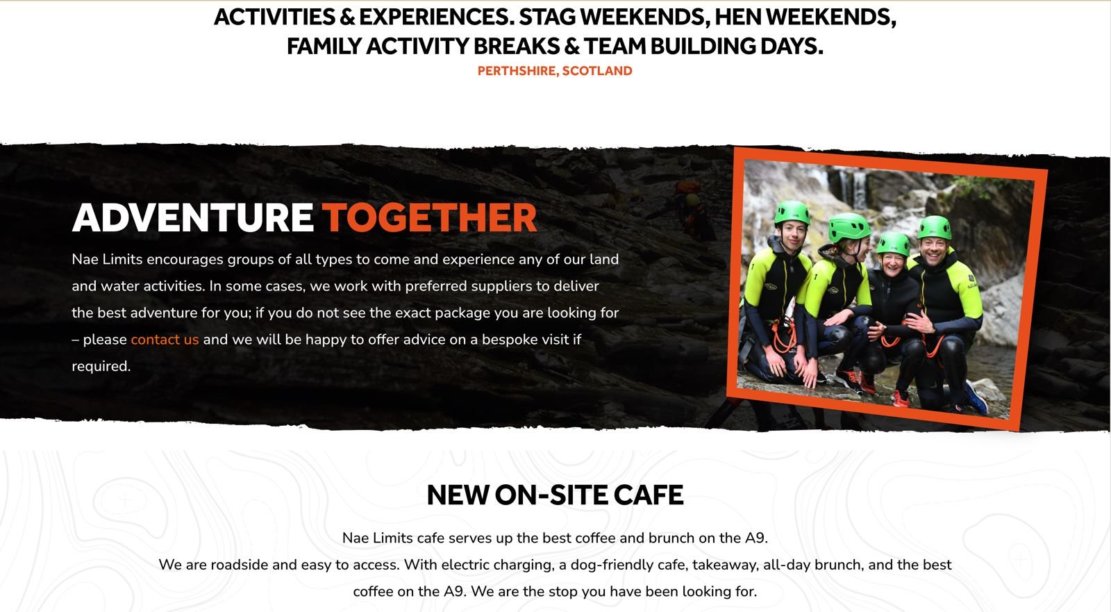 Adventure tour company webpage highlighting rafting experiences, team activities, and a new on-site café in Perthshire, Scotland.