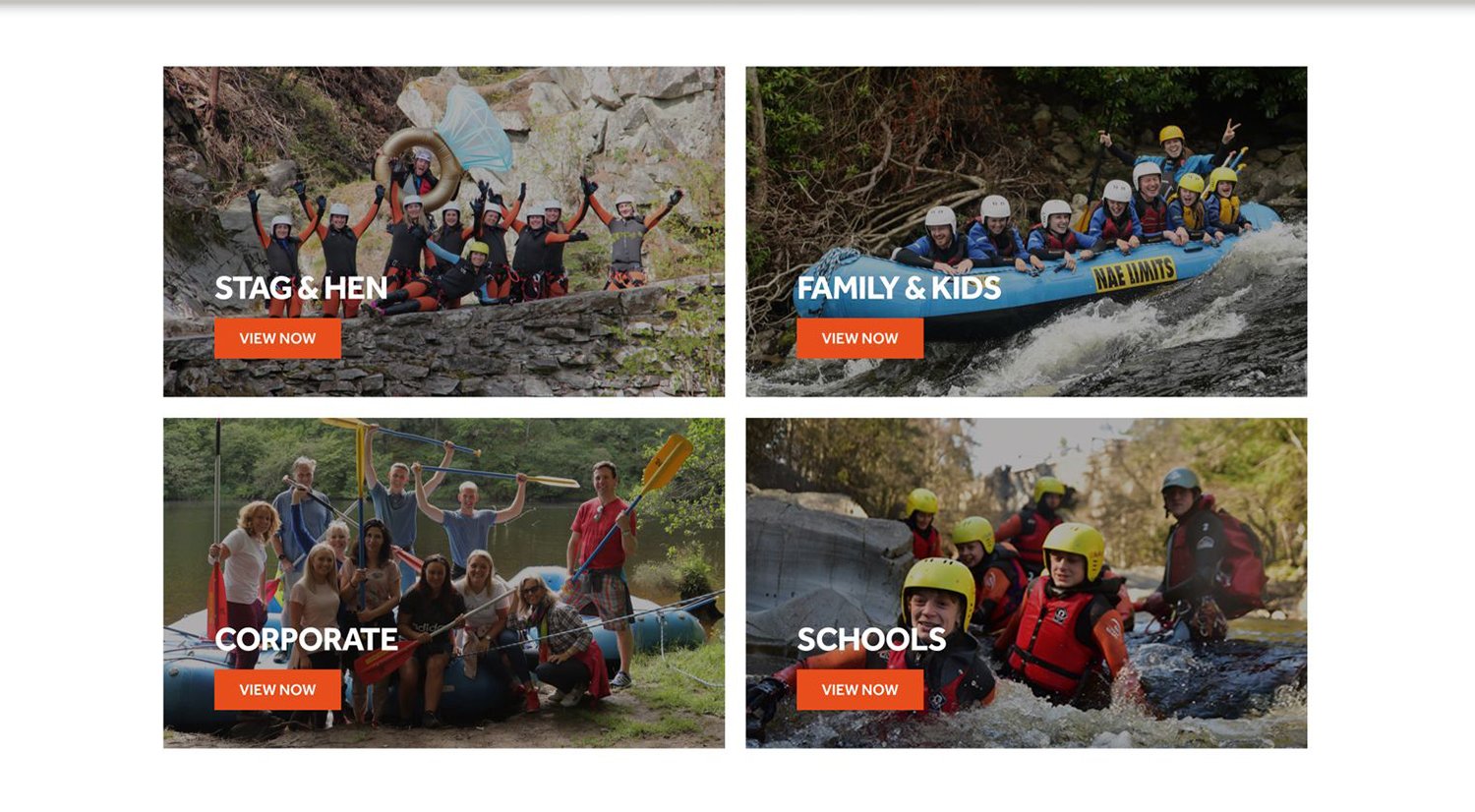 Adventure tour website showcasing activity categories like stag & hen, family & kids, corporate, and school tours.