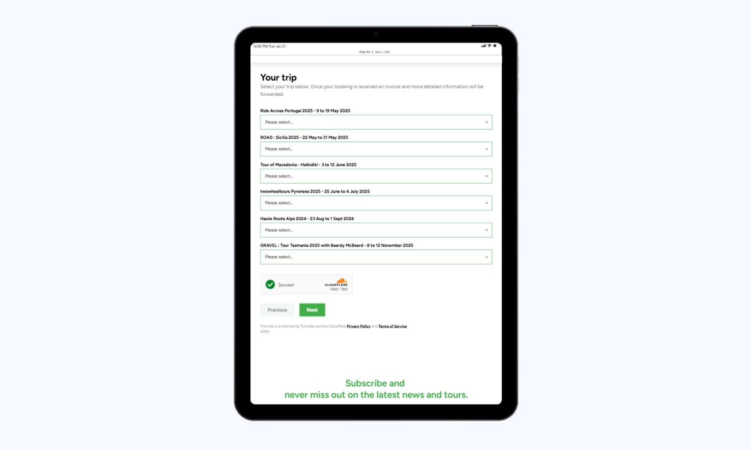Tablet view of the revamped booking process design for a cycling tour client