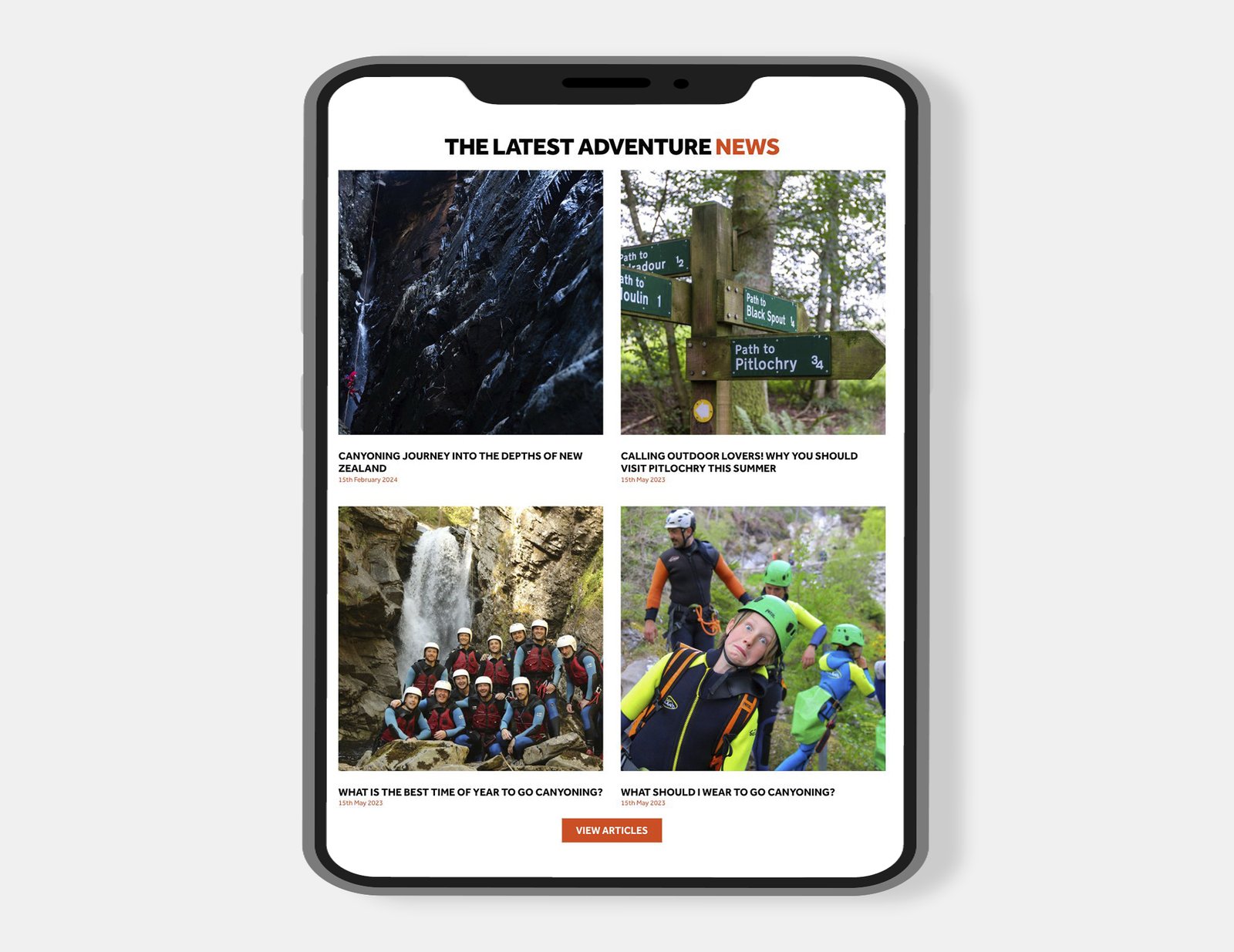 ablet view of an adventure company's blog page featuring the latest news and articles on canyoning, outdoor travel, and adventure tips.