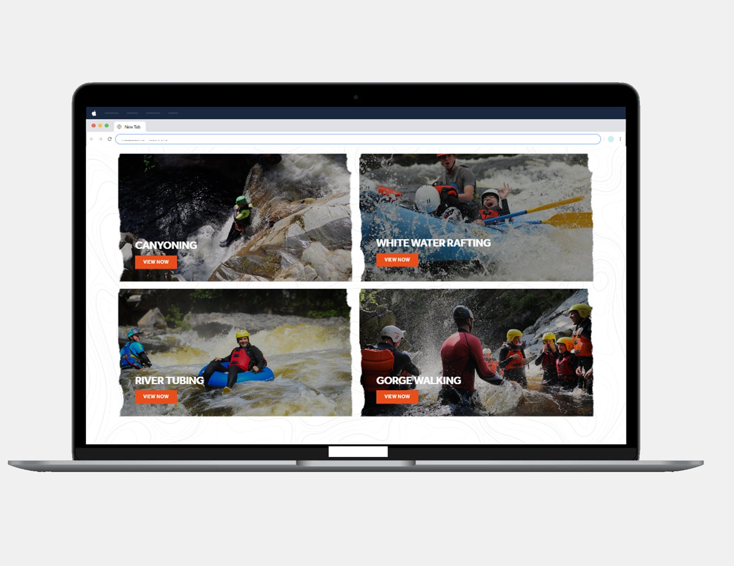 Desktop view of an adventure tour website featuring activities like canyoning, white water rafting, river tubing, and gorge walking.