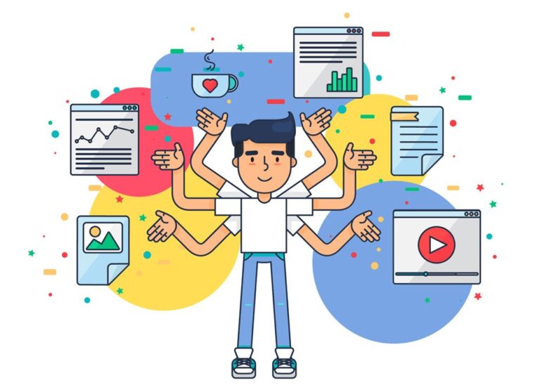 Illustration of a multitasking digital marketer handling content, analytics, and media