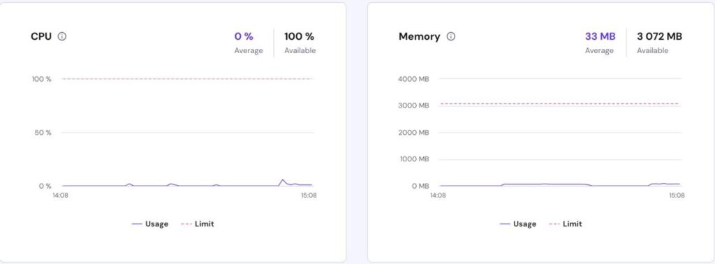 Hosting dashboard showing CPU and memory usage