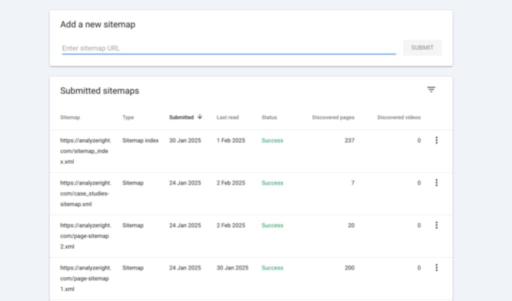 Google Search Console sitemap submission with status and discovered pages