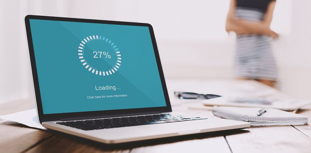Laptop screen displaying website speed loading progress at 27%