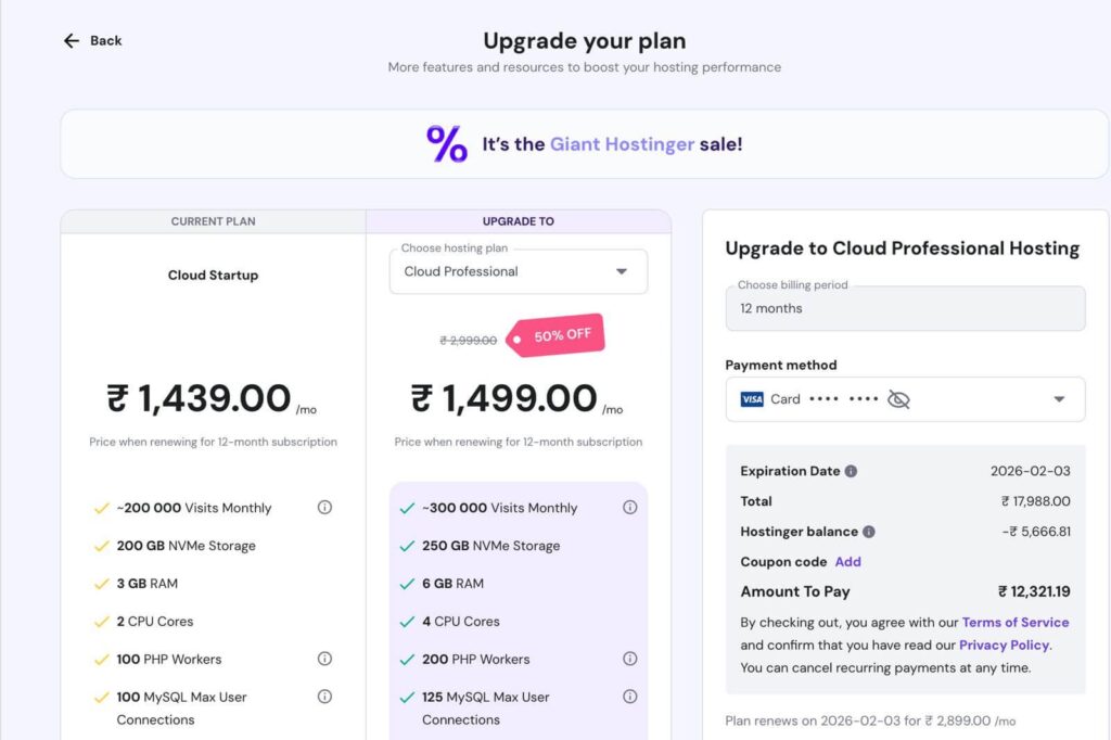 Hosting plan upgrade comparison with pricing and features
