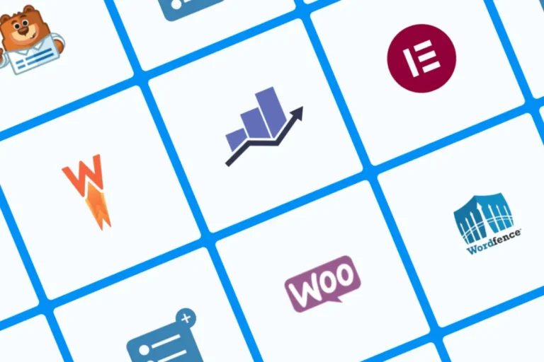 Image showing logos of popular WordPress plugins including WPForms, Elementor, WooCommerce, Wordfence, and Rank Math SEO