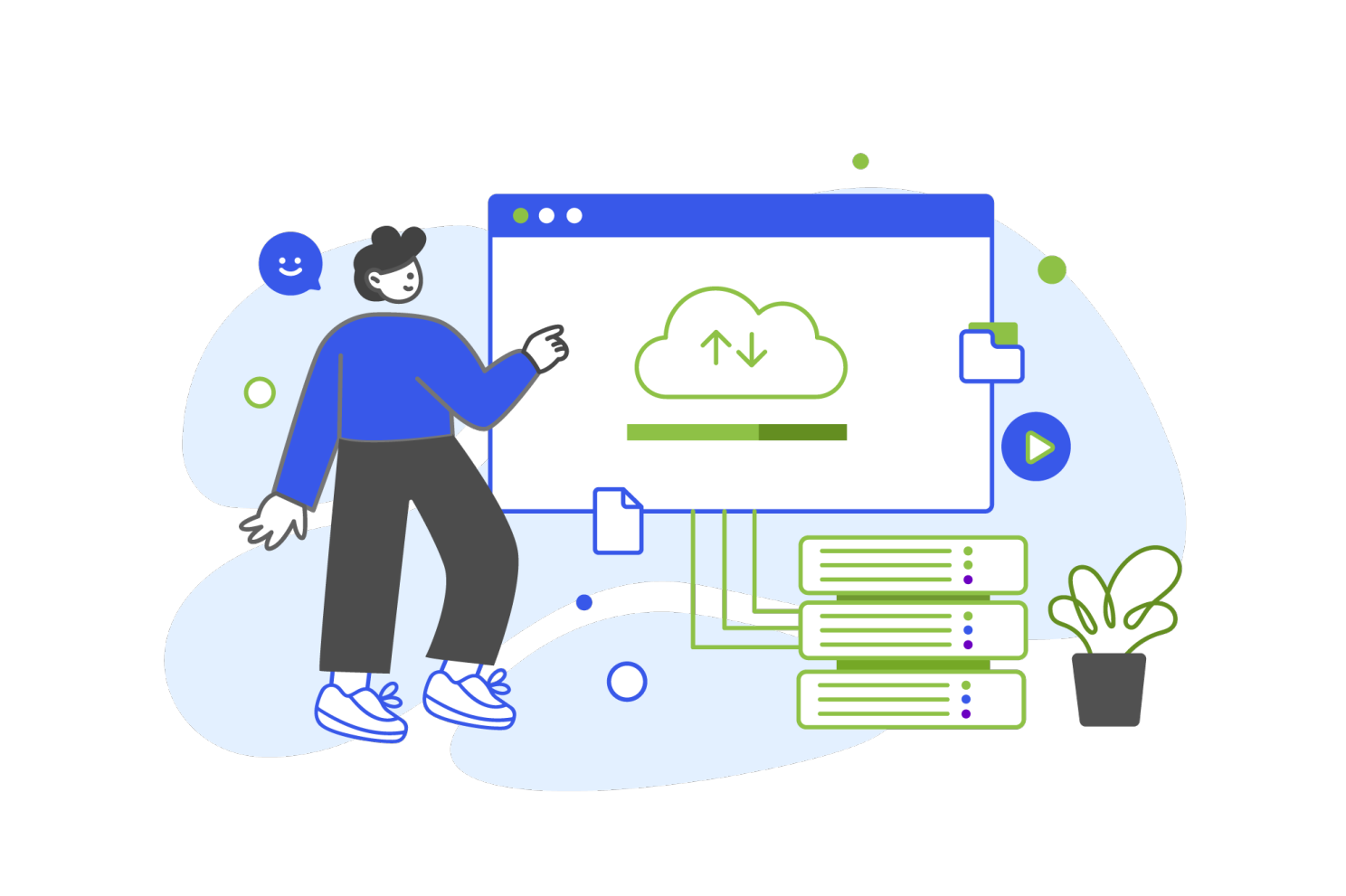 Illustration showing weak website hosting with cloud server and poor performance icons