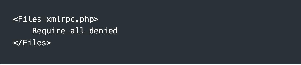 Code snippet showing how to block XML-RPC in WordPress using .htaccess