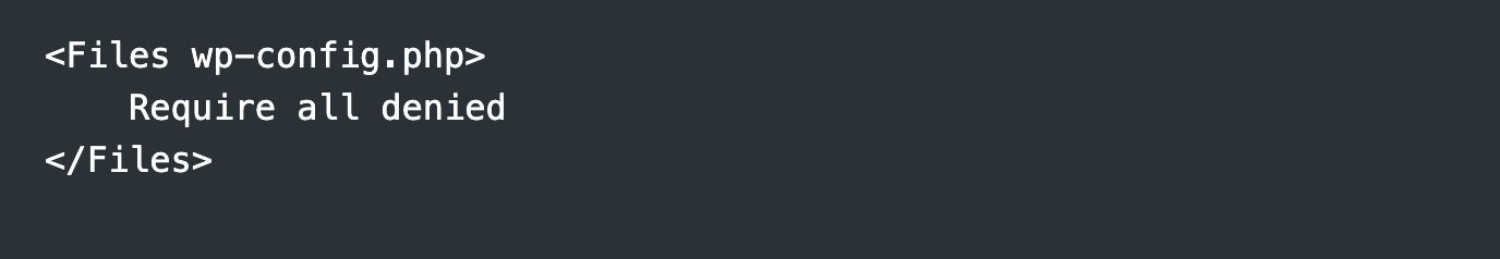 Code snippet showing how to restrict access to wp-config.php file for better WordPress security