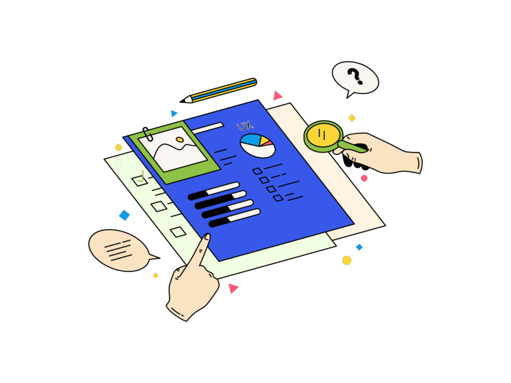 Illustration of a user experience checklist with charts, sliders, and question icons representing website friction
