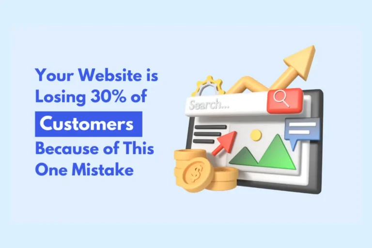 Banner with text “Your website is losing 30% of customers because of this one mistake” and illustration of a website with coins and arrows