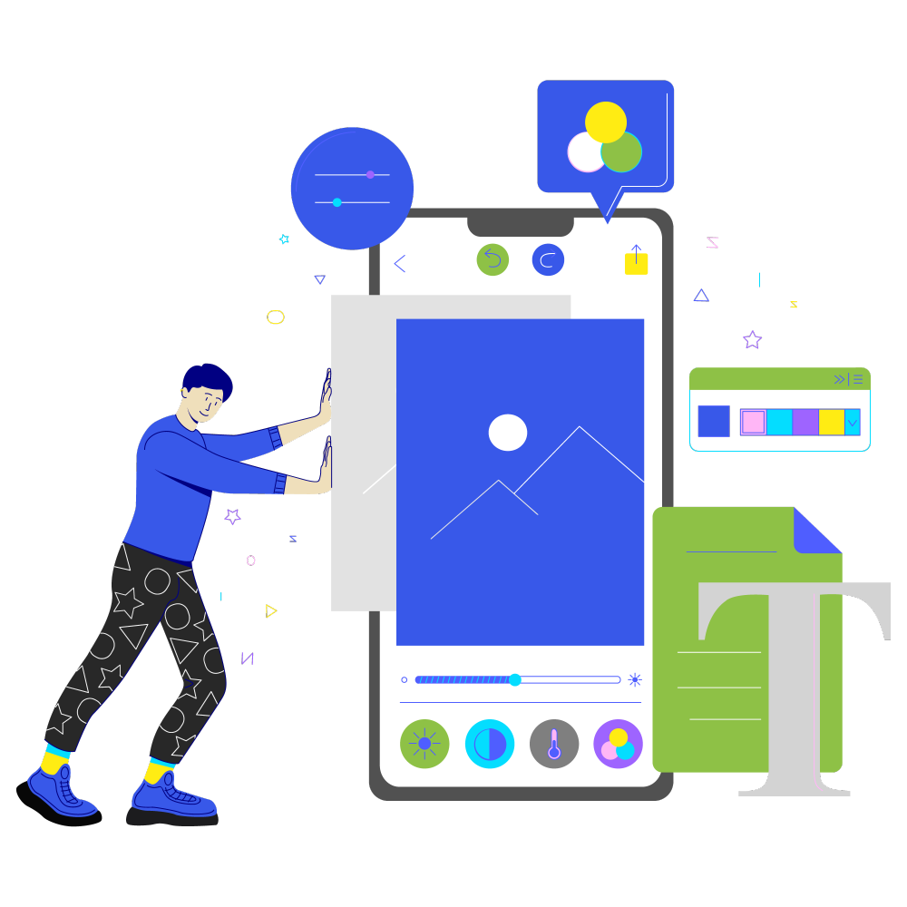 Illustration of a person designing a mobile website with icons, tools, and settings around a smartphone screen