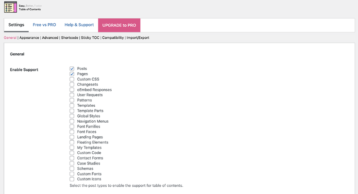 Screenshot of Easy Table of Contents plugin settings in WordPress dashboard
