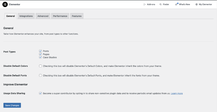 Screenshot of Elementor plugin settings in WordPress showing post types, fonts, and customization options