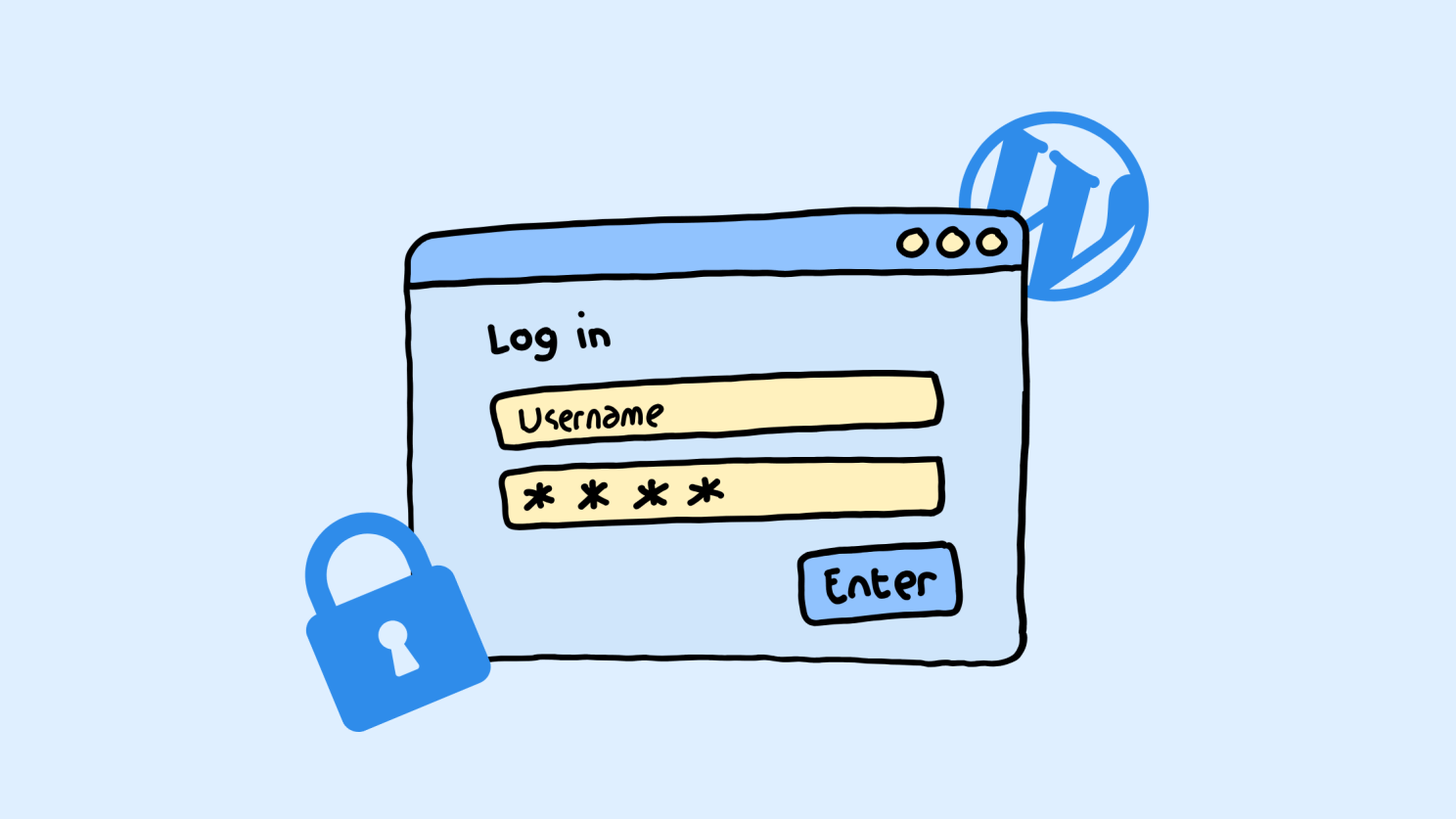 Illustration of WordPress login screen with security lock showing the risk of unlimited login attempts