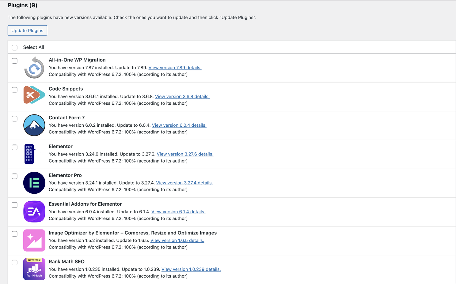 Screenshot showing outdated WordPress plugins needing updates for security and performance