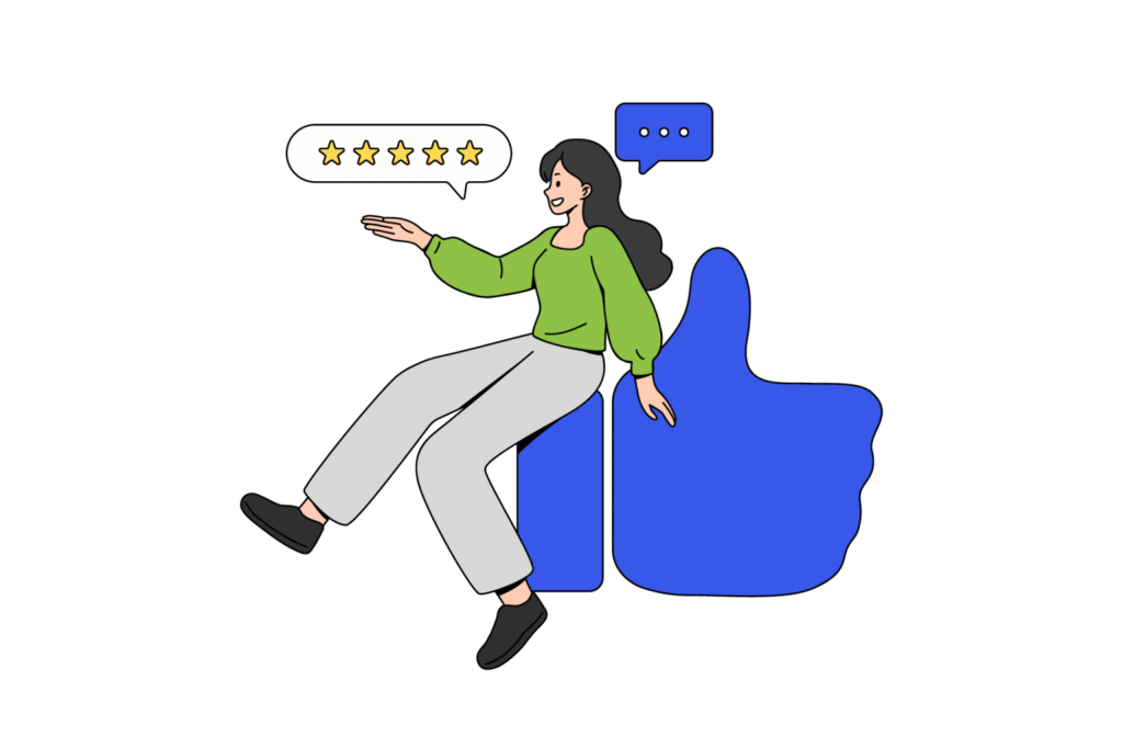 Cartoon of a happy customer giving a five star review with a thumbs up icon