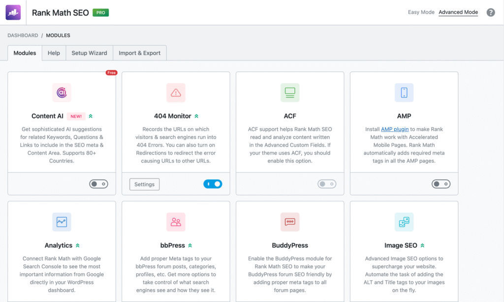Screenshot of Rank Math SEO plugin modules in WordPress including Content AI, 404 Monitor, AMP, and Image SEO