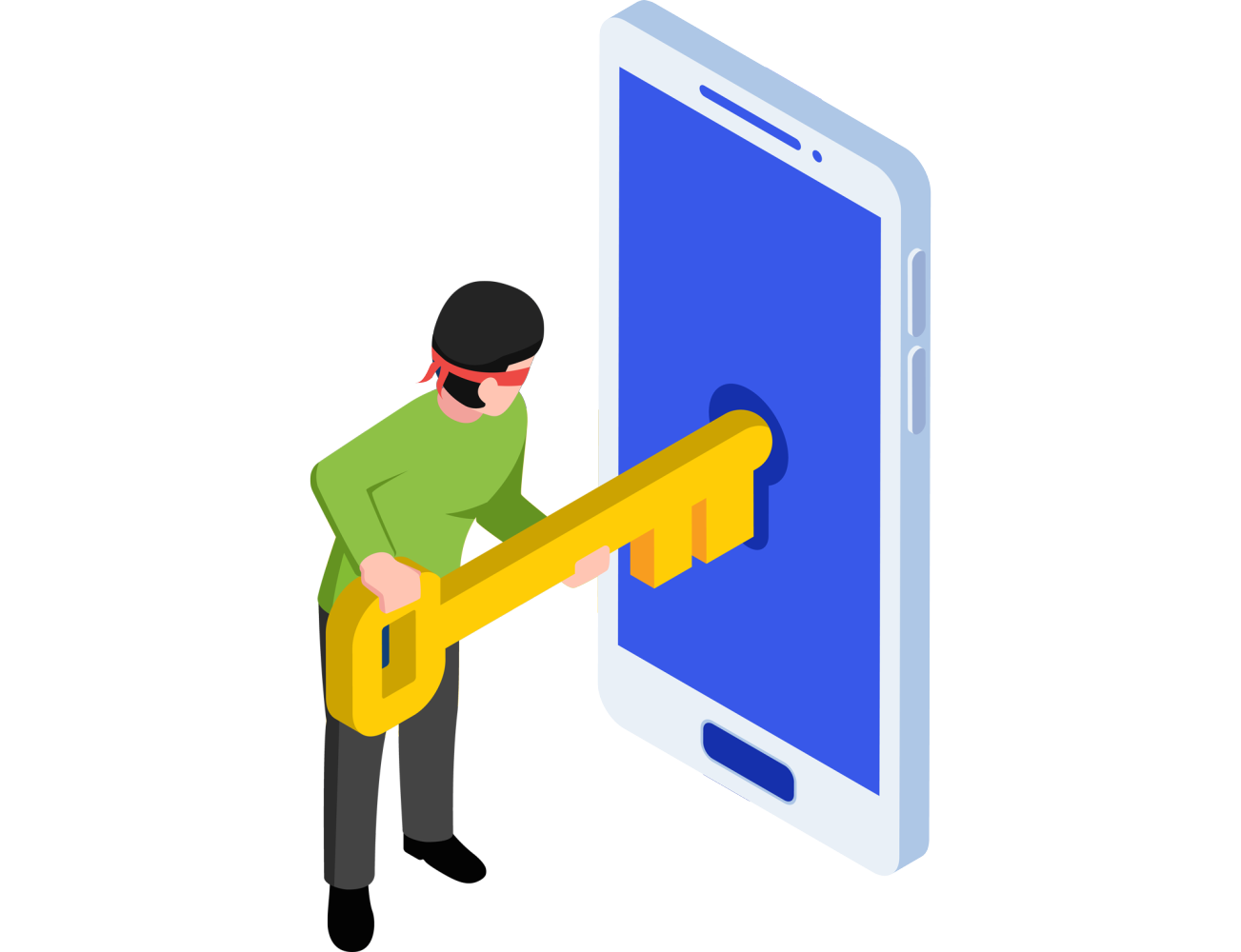 Hacker using a big key to break into a smartphone due to weak password protection