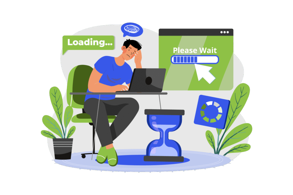 Illustration of a frustrated man waiting at a laptop with loading and please wait signs