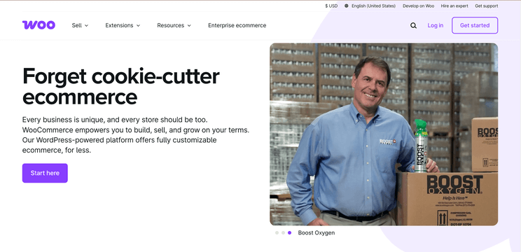Screenshot of WooCommerce website homepage highlighting customizable ecommerce features