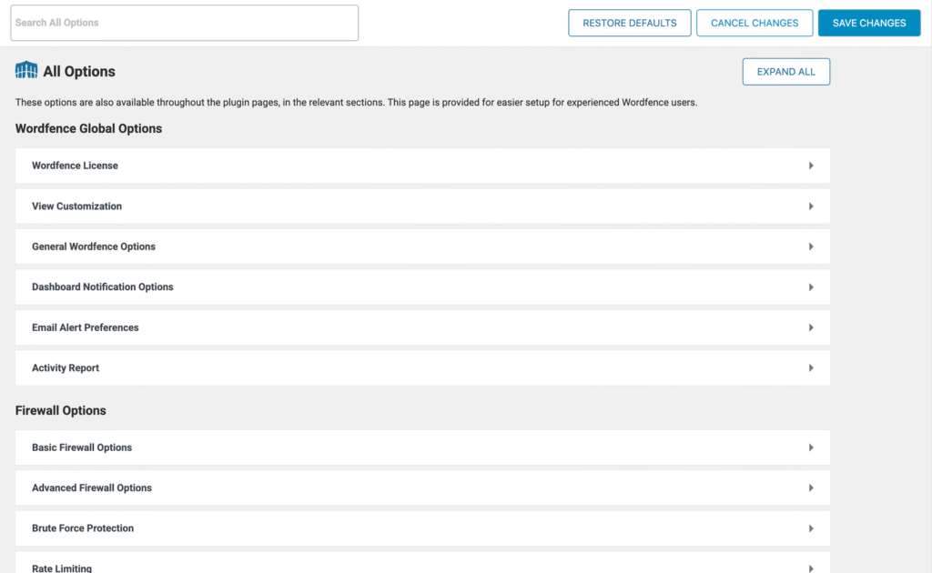 Screenshot of Wordfence plugin settings in WordPress dashboard showing firewall and protection options