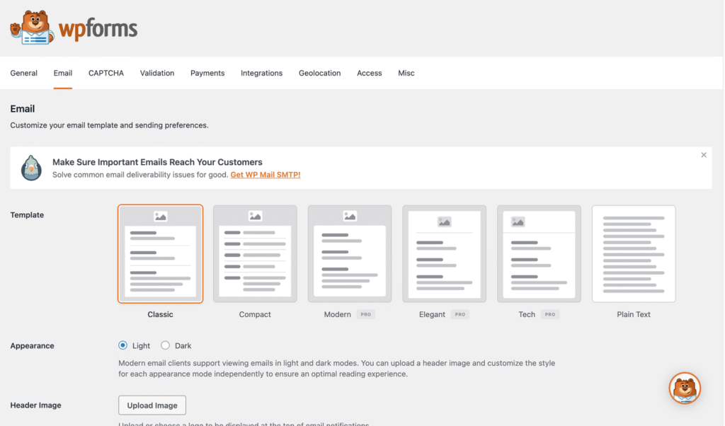 Screenshot of WPForms plugin email settings in WordPress with template and appearance options