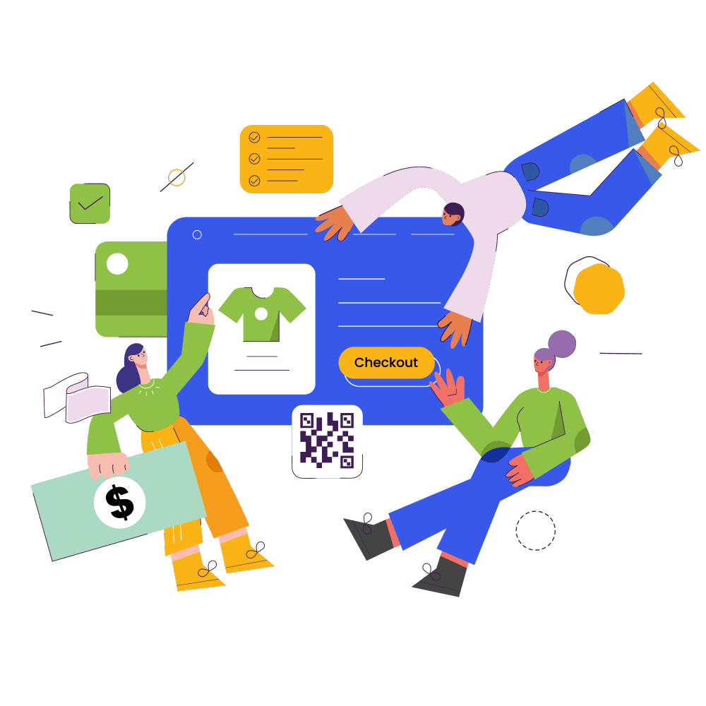 Illustration of online checkout process with people, shopping cart, payment, and QR code